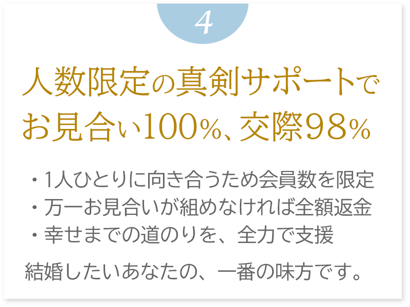 会員数限定で、お見合い率100%、交際率98%